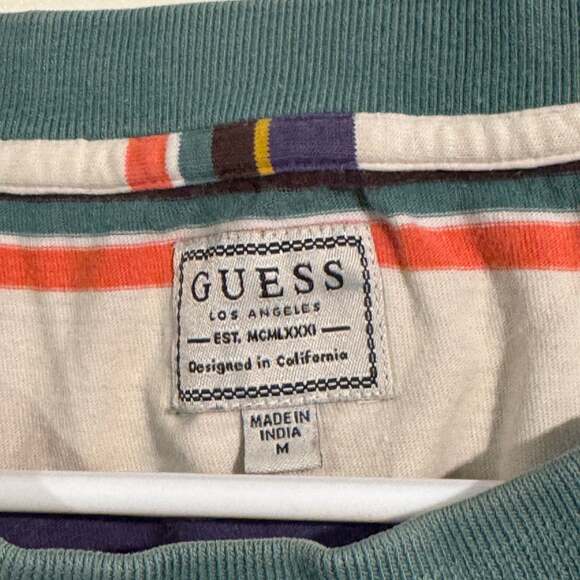 Vintage 90s Guess Originals Multi-Color Striped Embroidered Logo T-Shirt - Picture 3 of 5